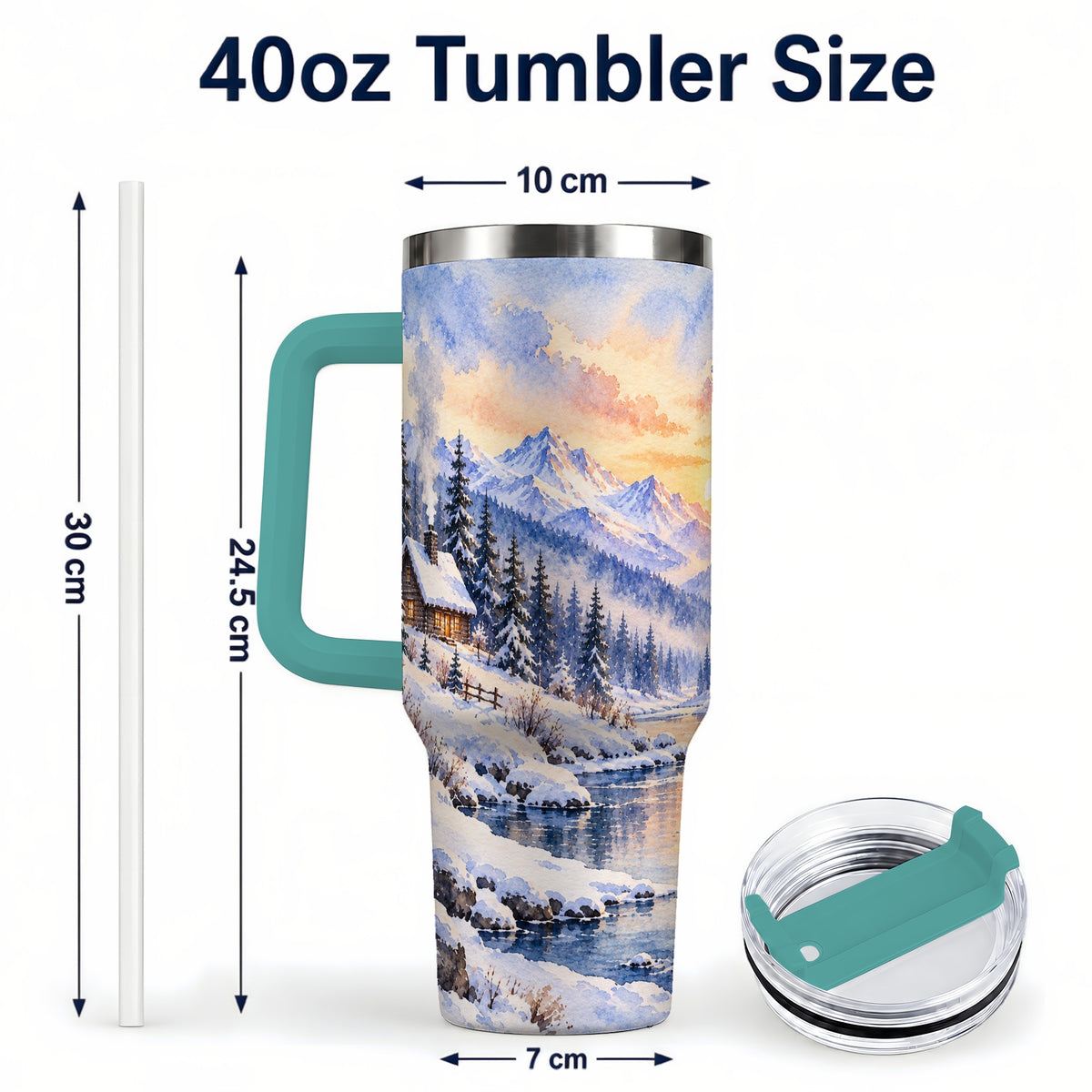 #pl[40oz|Green] Watercolor Cabin 40oz Tumbler, Winter Mountain Tumbler, Steel Travel Cup