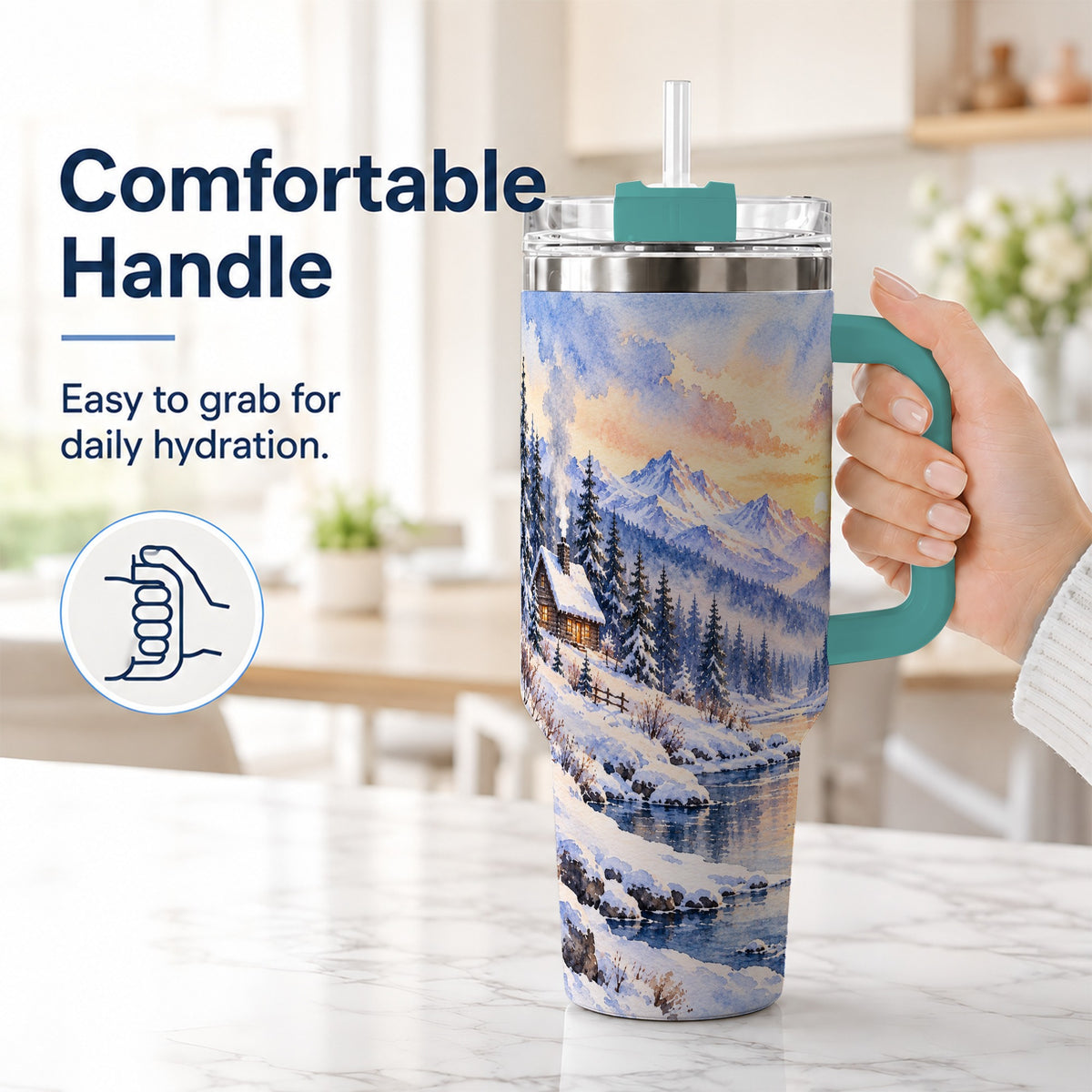 #pl[40oz|Green] Watercolor Cabin 40oz Tumbler, Winter Mountain Tumbler, Steel Travel Cup