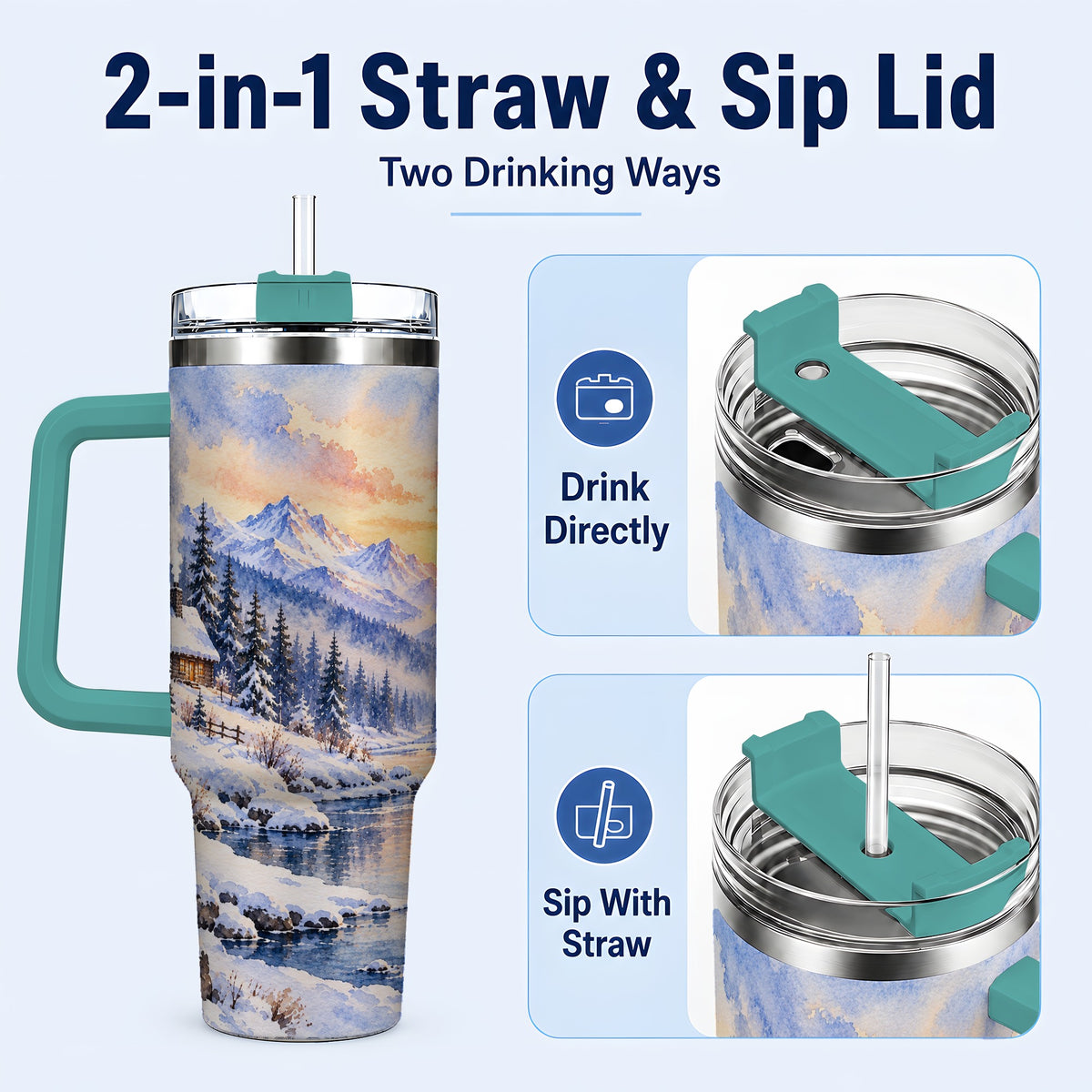 #pl[40oz|Green] Watercolor Cabin 40oz Tumbler, Winter Mountain Tumbler, Steel Travel Cup