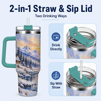 #pl[40oz|Green] Watercolor Cabin 40oz Tumbler, Winter Mountain Tumbler, Steel Travel Cup