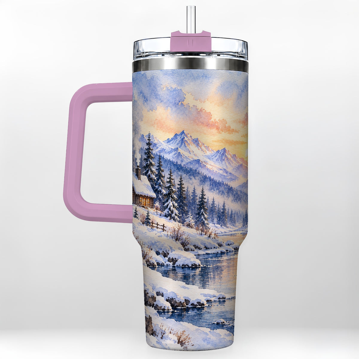 #pl[40oz|Pink] Watercolor Cabin 40oz Tumbler, Winter Mountain Tumbler, Steel Travel Cup