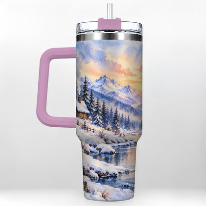 #pl[40oz|Pink] Watercolor Cabin 40oz Tumbler, Winter Mountain Tumbler, Steel Travel Cup