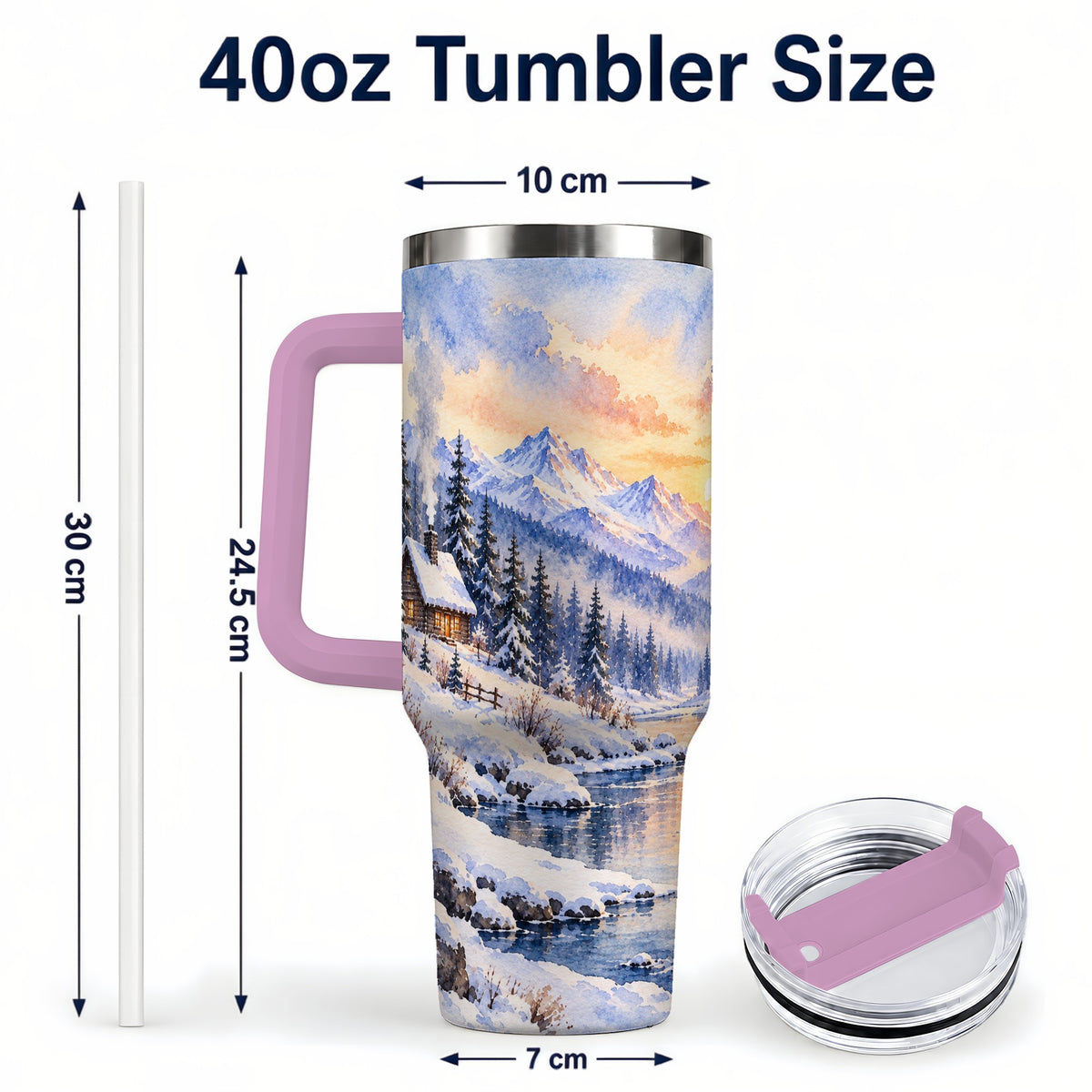 #pl[40oz|Pink] Watercolor Cabin 40oz Tumbler, Winter Mountain Tumbler, Steel Travel Cup