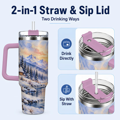 #pl[40oz|Pink] Watercolor Cabin 40oz Tumbler, Winter Mountain Tumbler, Steel Travel Cup