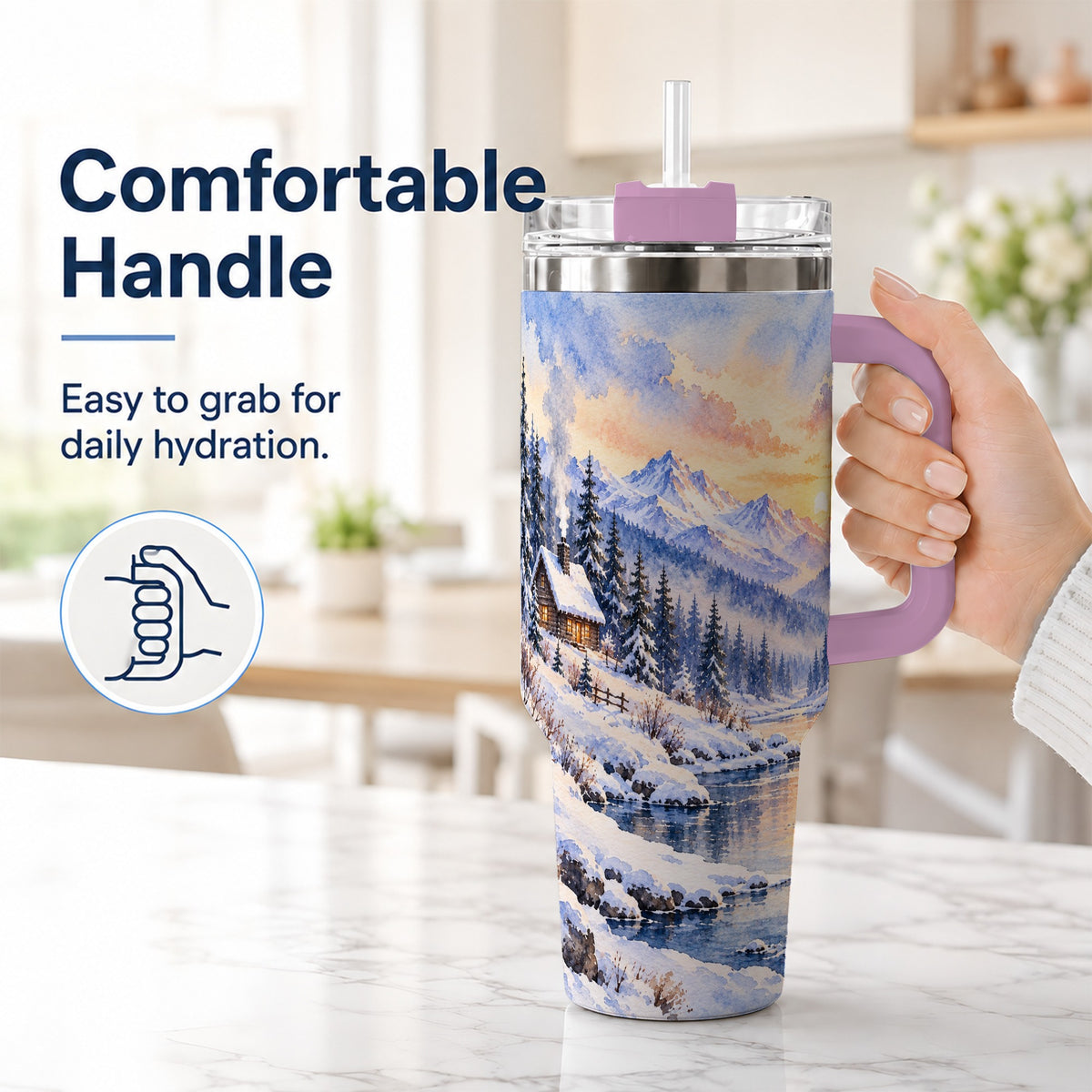 #pl[40oz|Pink] Watercolor Cabin 40oz Tumbler, Winter Mountain Tumbler, Steel Travel Cup