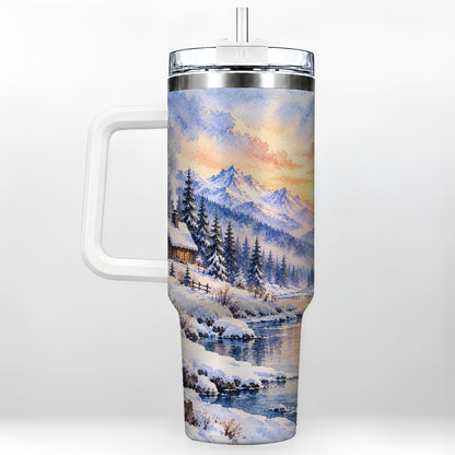 Watercolor Cabin 40oz Tumbler, Winter Mountain Tumbler, Steel Travel Cup