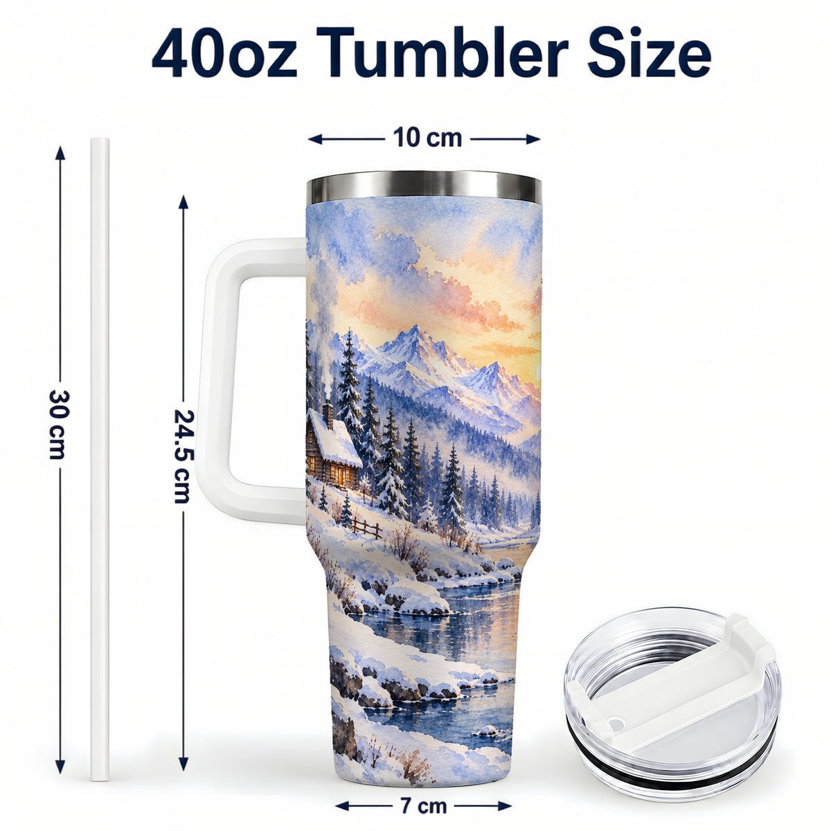 #pl[40oz|White] Watercolor Cabin 40oz Tumbler, Winter Mountain Tumbler, Steel Travel Cup