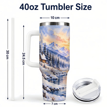 #pl[40oz|White] Watercolor Cabin 40oz Tumbler, Winter Mountain Tumbler, Steel Travel Cup