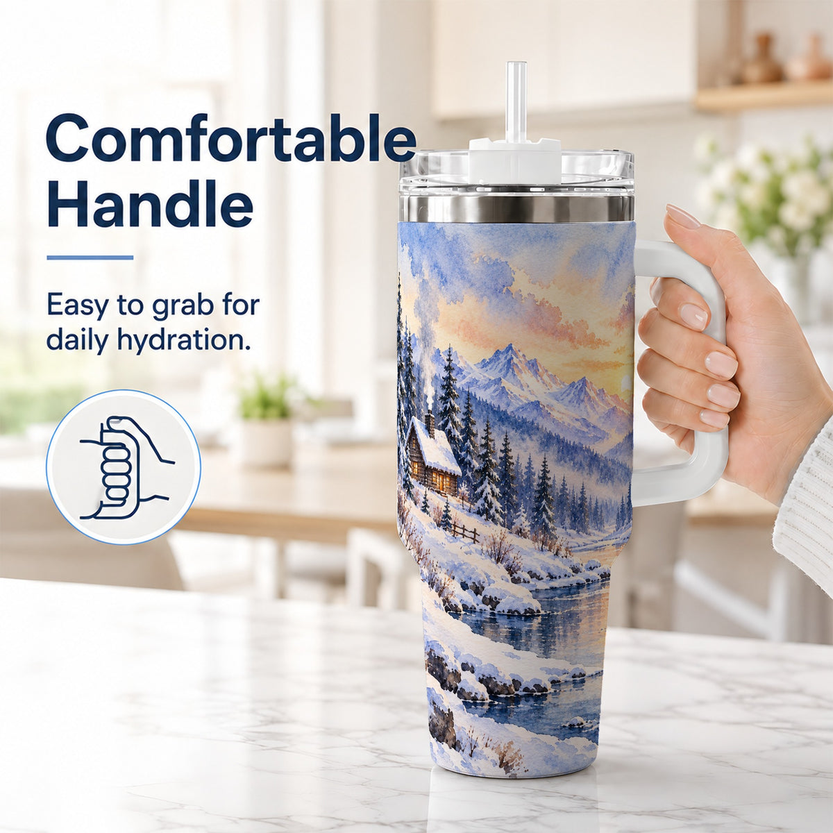 #pl[40oz|White] Watercolor Cabin 40oz Tumbler, Winter Mountain Tumbler, Steel Travel Cup