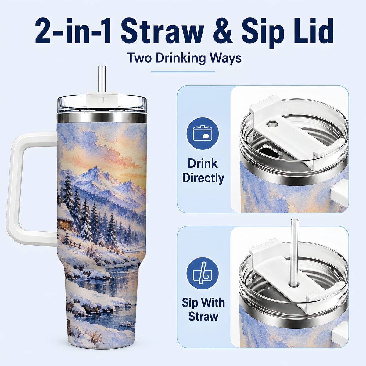 #pl[40oz|White] Watercolor Cabin 40oz Tumbler, Winter Mountain Tumbler, Steel Travel Cup