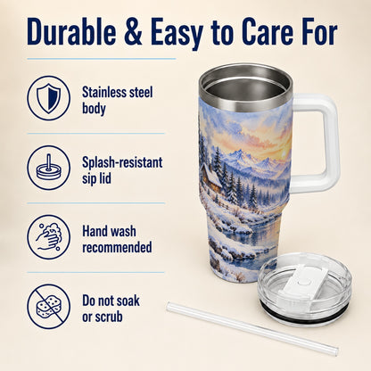 Watercolor Cabin 40oz Tumbler, Winter Mountain Tumbler, Steel Travel Cup