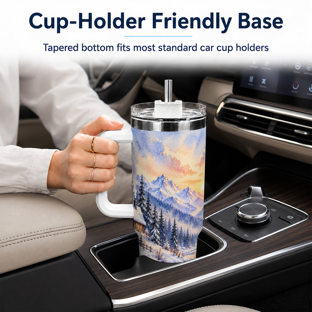 Watercolor Cabin 40oz Tumbler, Winter Mountain Tumbler, Steel Travel Cup