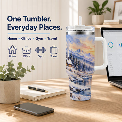 Watercolor Cabin 40oz Tumbler, Winter Mountain Tumbler, Steel Travel Cup