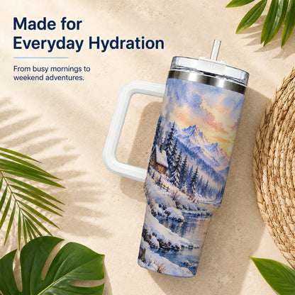 Watercolor Cabin 40oz Tumbler, Winter Mountain Tumbler, Steel Travel Cup