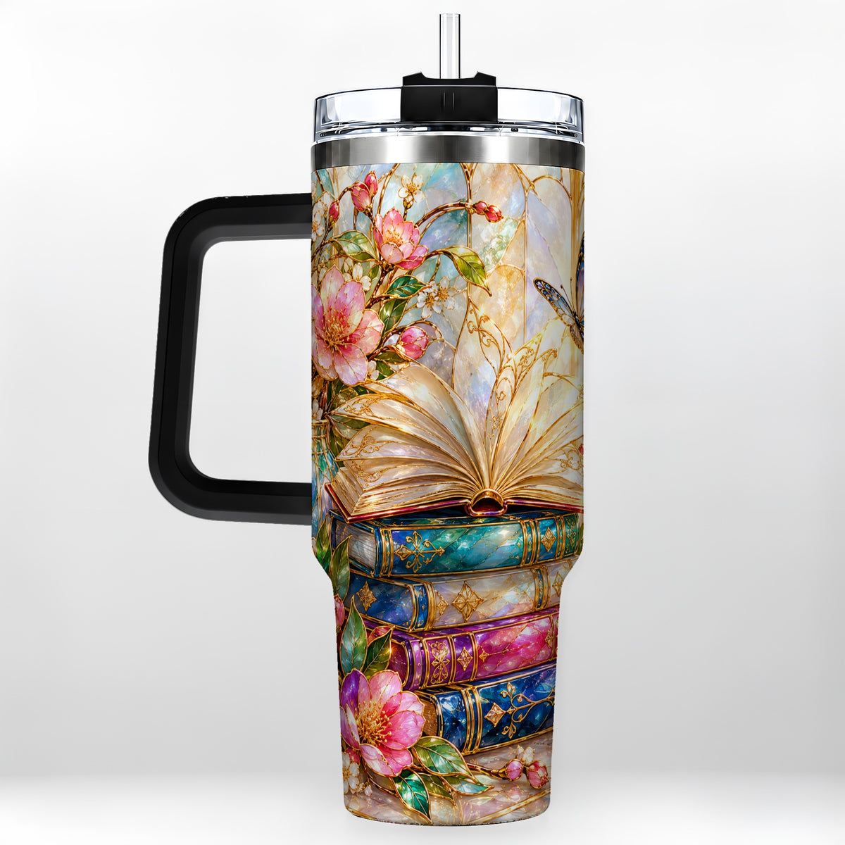#pl[40oz|Black] Floral Books 40oz Tumbler, Butterfly Theme Tumbler, Steel Travel Cup