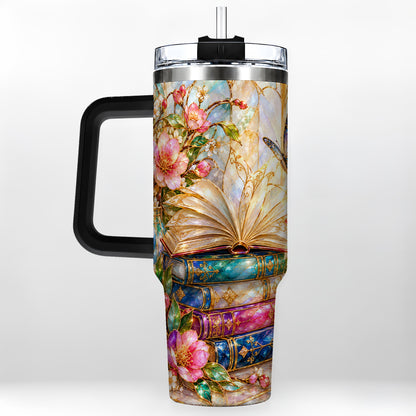 #pl[40oz|Black] Floral Books 40oz Tumbler, Butterfly Theme Tumbler, Steel Travel Cup