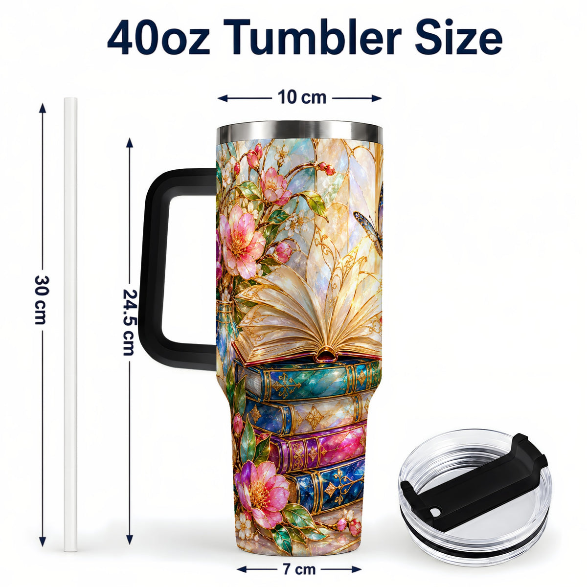 #pl[40oz|Black] Floral Books 40oz Tumbler, Butterfly Theme Tumbler, Steel Travel Cup