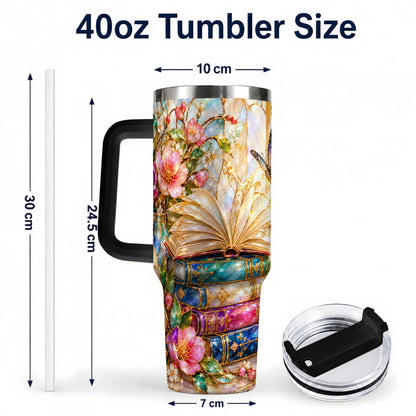 #pl[40oz|Black] Floral Books 40oz Tumbler, Butterfly Theme Tumbler, Steel Travel Cup