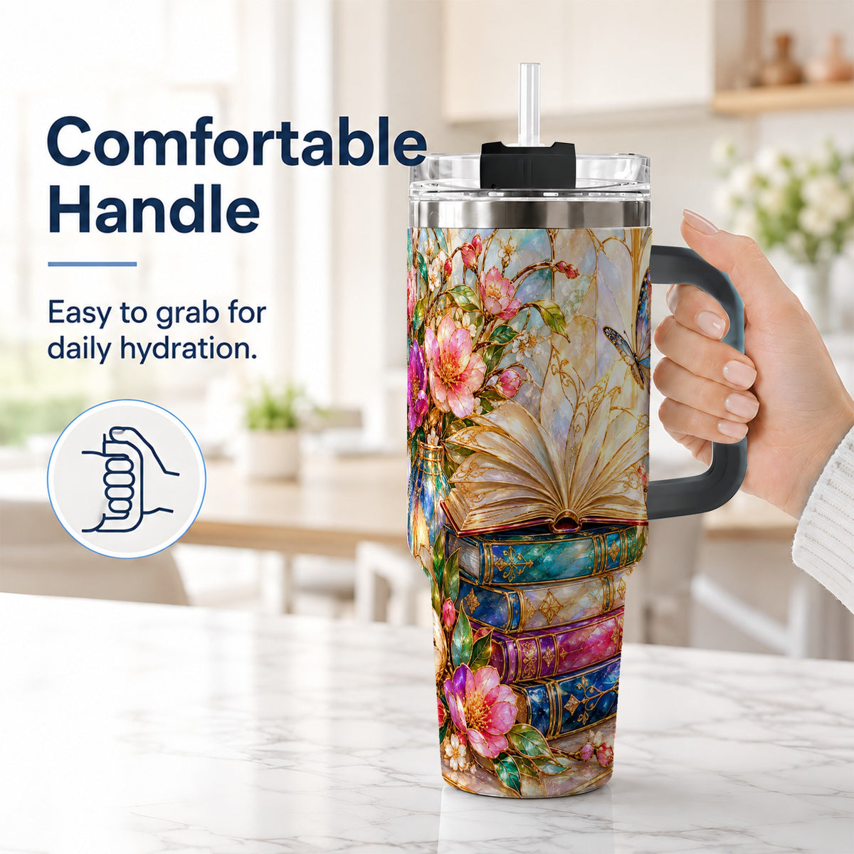 #pl[40oz|Black] Floral Books 40oz Tumbler, Butterfly Theme Tumbler, Steel Travel Cup