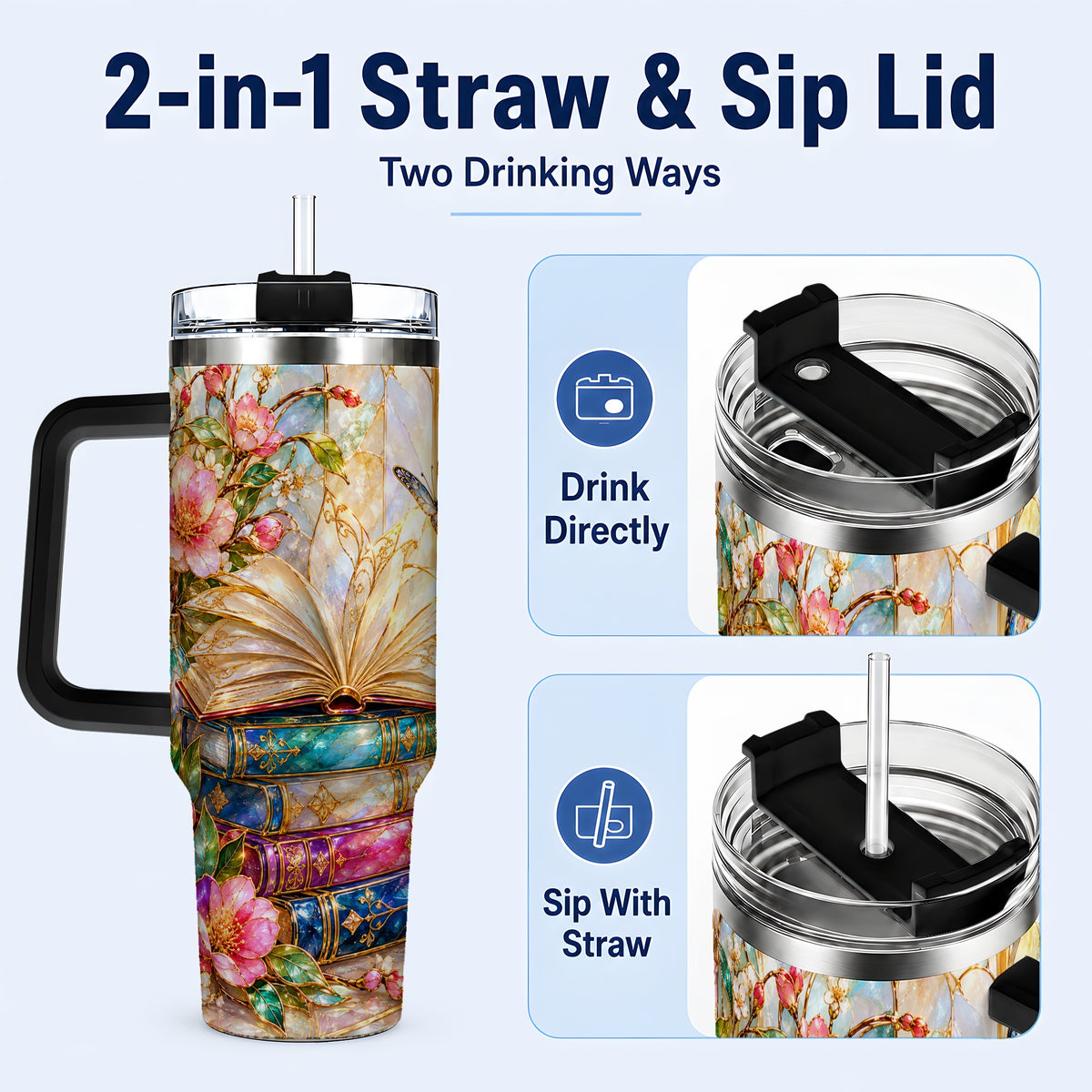 #pl[40oz|Black] Floral Books 40oz Tumbler, Butterfly Theme Tumbler, Steel Travel Cup