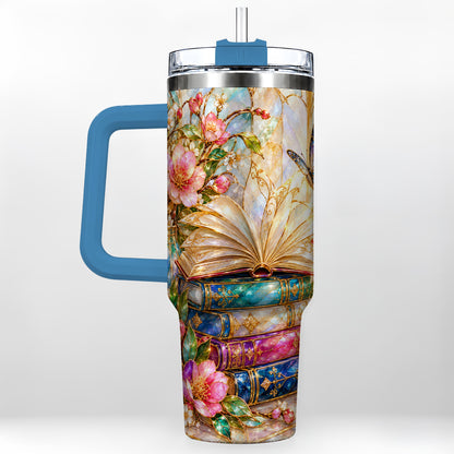 #pl[40oz|Blue] Floral Books 40oz Tumbler, Butterfly Theme Tumbler, Steel Travel Cup