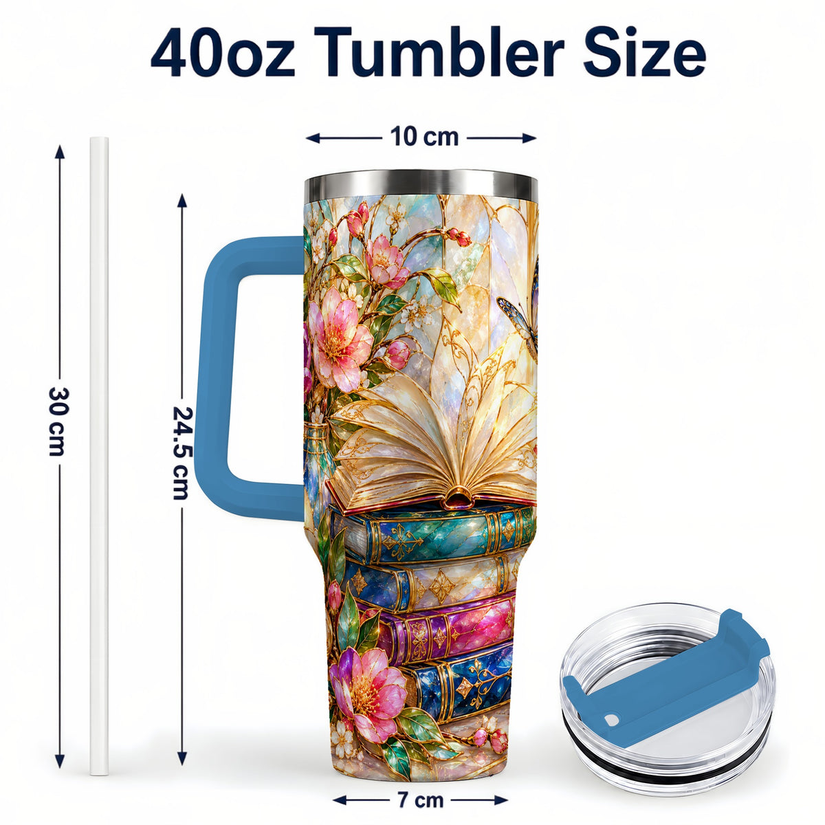 #pl[40oz|Blue] Floral Books 40oz Tumbler, Butterfly Theme Tumbler, Steel Travel Cup