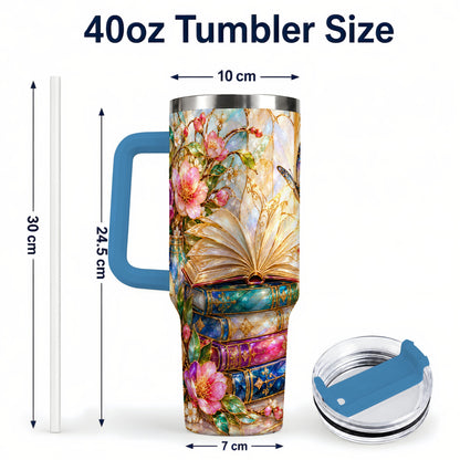 #pl[40oz|Blue] Floral Books 40oz Tumbler, Butterfly Theme Tumbler, Steel Travel Cup