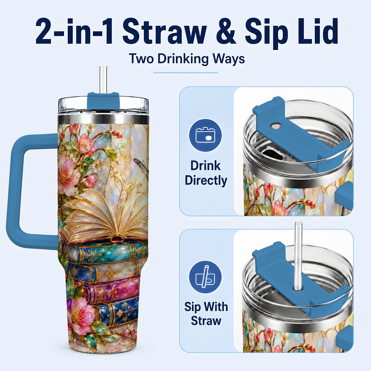 #pl[40oz|Blue] Floral Books 40oz Tumbler, Butterfly Theme Tumbler, Steel Travel Cup