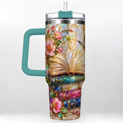#pl[40oz|Green] Floral Books 40oz Tumbler, Butterfly Theme Tumbler, Steel Travel Cup
