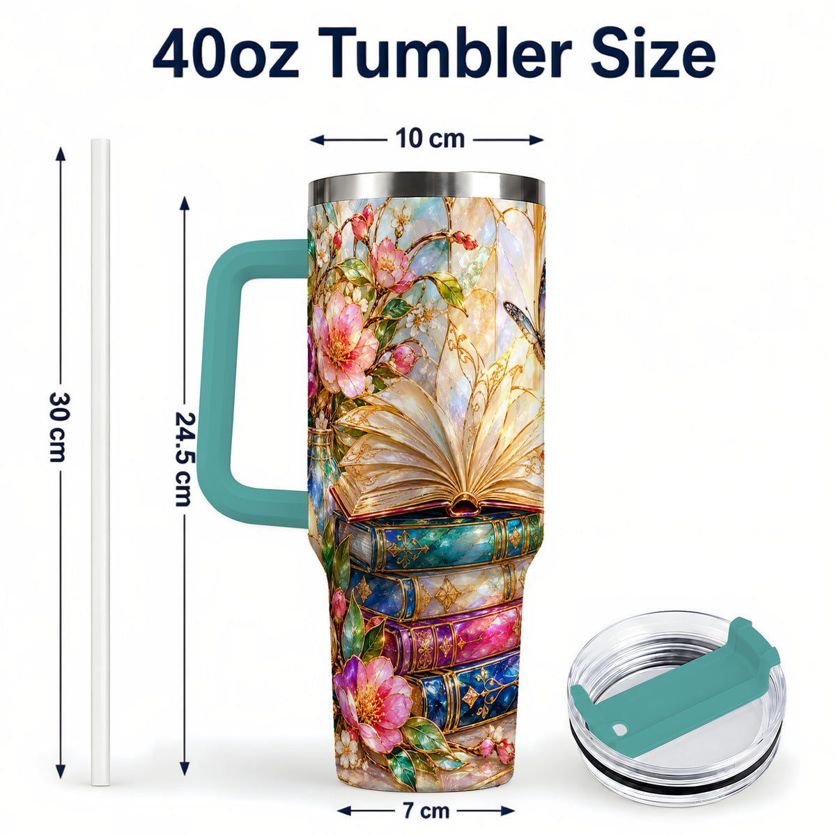 #pl[40oz|Green] Floral Books 40oz Tumbler, Butterfly Theme Tumbler, Steel Travel Cup