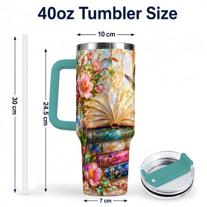 #pl[40oz|Green] Floral Books 40oz Tumbler, Butterfly Theme Tumbler, Steel Travel Cup