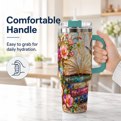 #pl[40oz|Green] Floral Books 40oz Tumbler, Butterfly Theme Tumbler, Steel Travel Cup