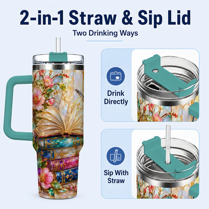 #pl[40oz|Green] Floral Books 40oz Tumbler, Butterfly Theme Tumbler, Steel Travel Cup