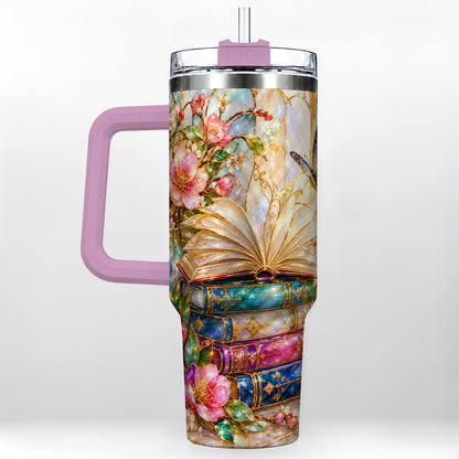 #pl[40oz|Pink] Floral Books 40oz Tumbler, Butterfly Theme Tumbler, Steel Travel Cup