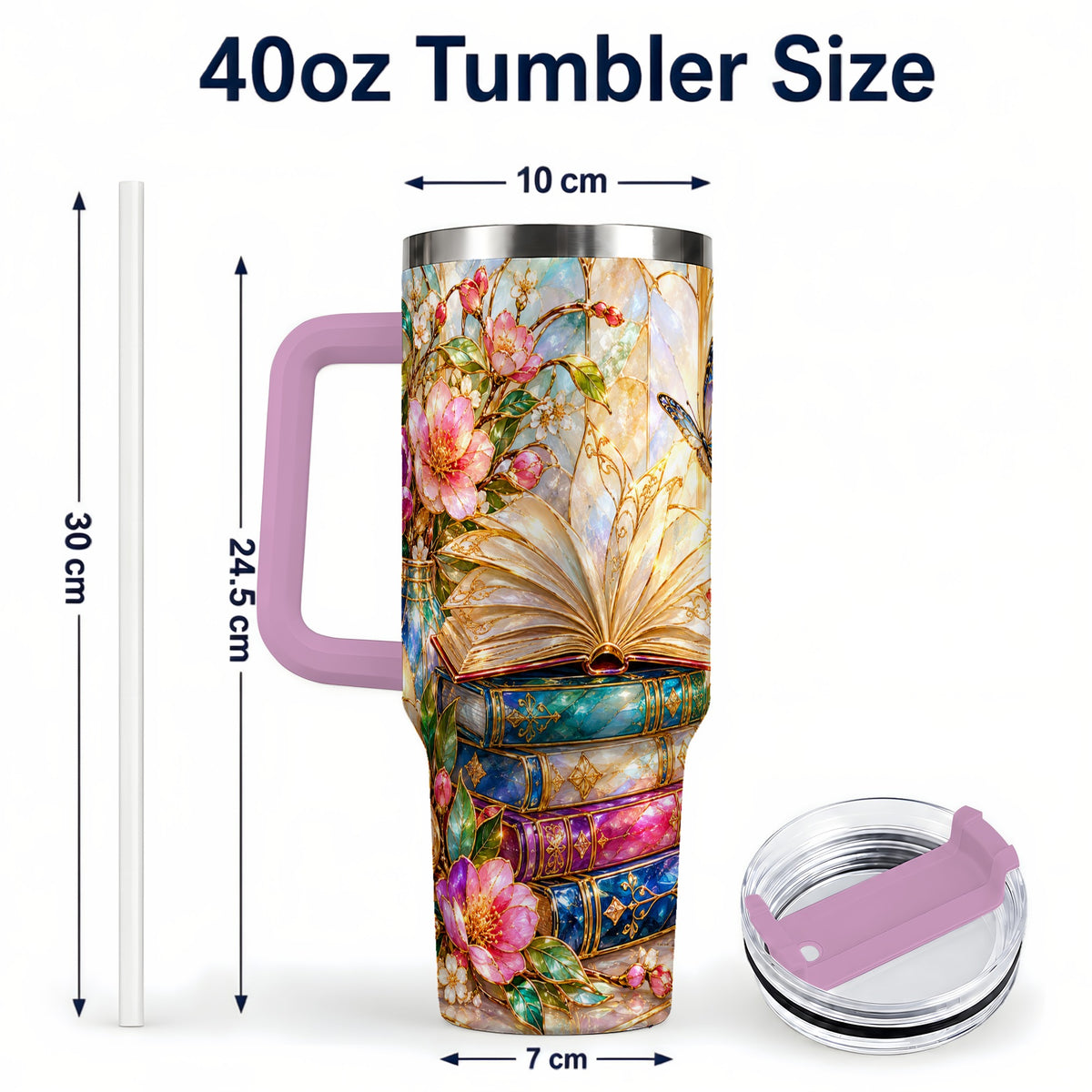 #pl[40oz|Pink] Floral Books 40oz Tumbler, Butterfly Theme Tumbler, Steel Travel Cup