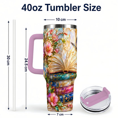 #pl[40oz|Pink] Floral Books 40oz Tumbler, Butterfly Theme Tumbler, Steel Travel Cup