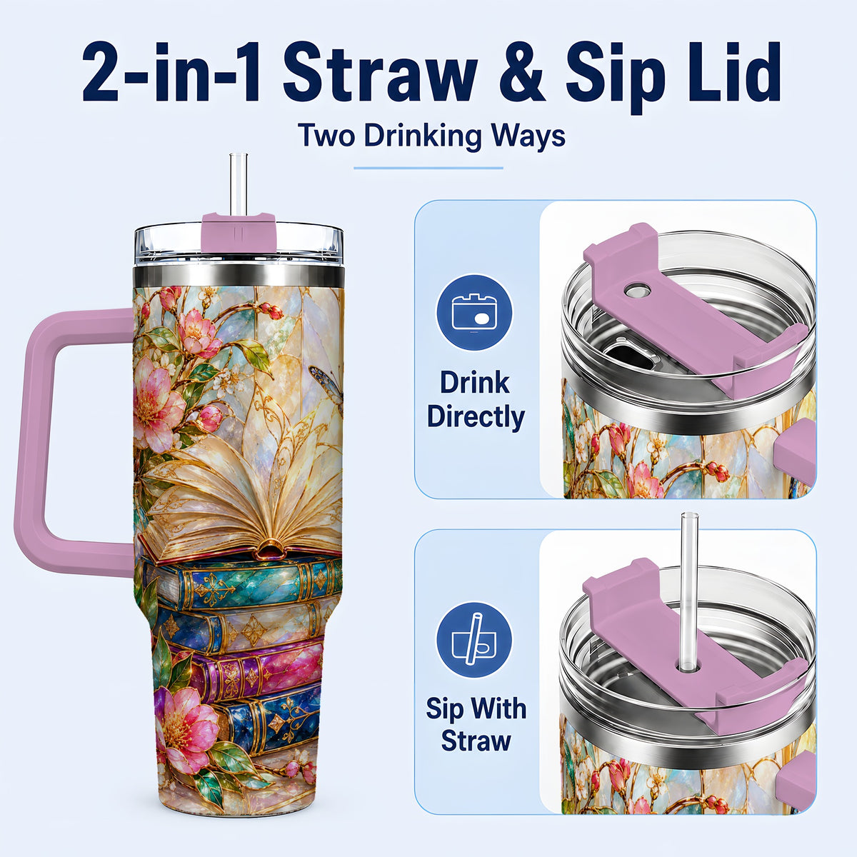 #pl[40oz|Pink] Floral Books 40oz Tumbler, Butterfly Theme Tumbler, Steel Travel Cup