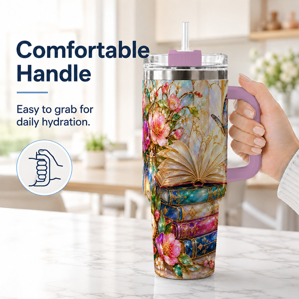 #pl[40oz|Pink] Floral Books 40oz Tumbler, Butterfly Theme Tumbler, Steel Travel Cup