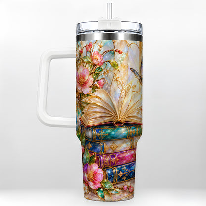 Floral Books 40oz Tumbler, Butterfly Theme Tumbler, Steel Travel Cup
