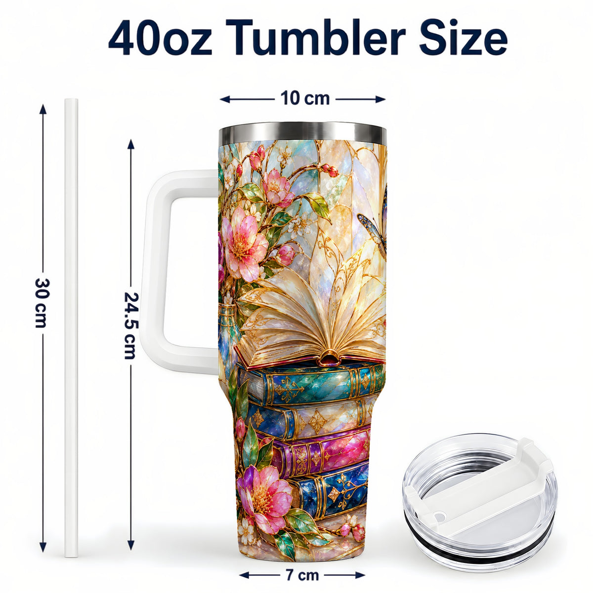 #pl[40oz|White] Floral Books 40oz Tumbler, Butterfly Theme Tumbler, Steel Travel Cup