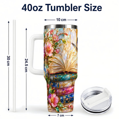 #pl[40oz|White] Floral Books 40oz Tumbler, Butterfly Theme Tumbler, Steel Travel Cup