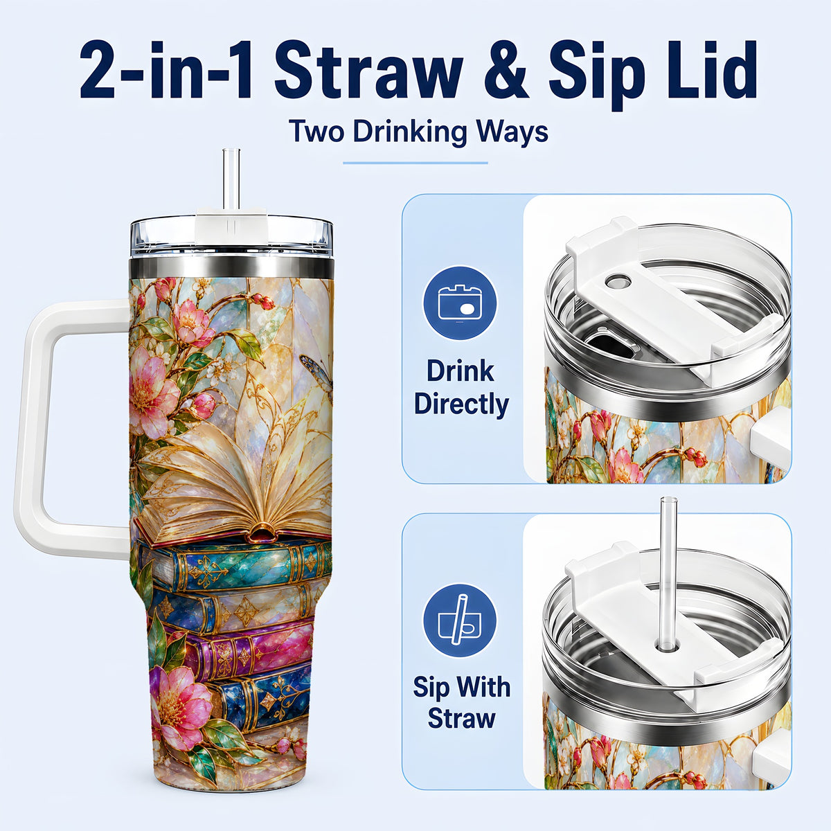 #pl[40oz|White] Floral Books 40oz Tumbler, Butterfly Theme Tumbler, Steel Travel Cup