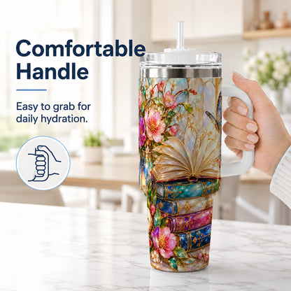 #pl[40oz|White] Floral Books 40oz Tumbler, Butterfly Theme Tumbler, Steel Travel Cup