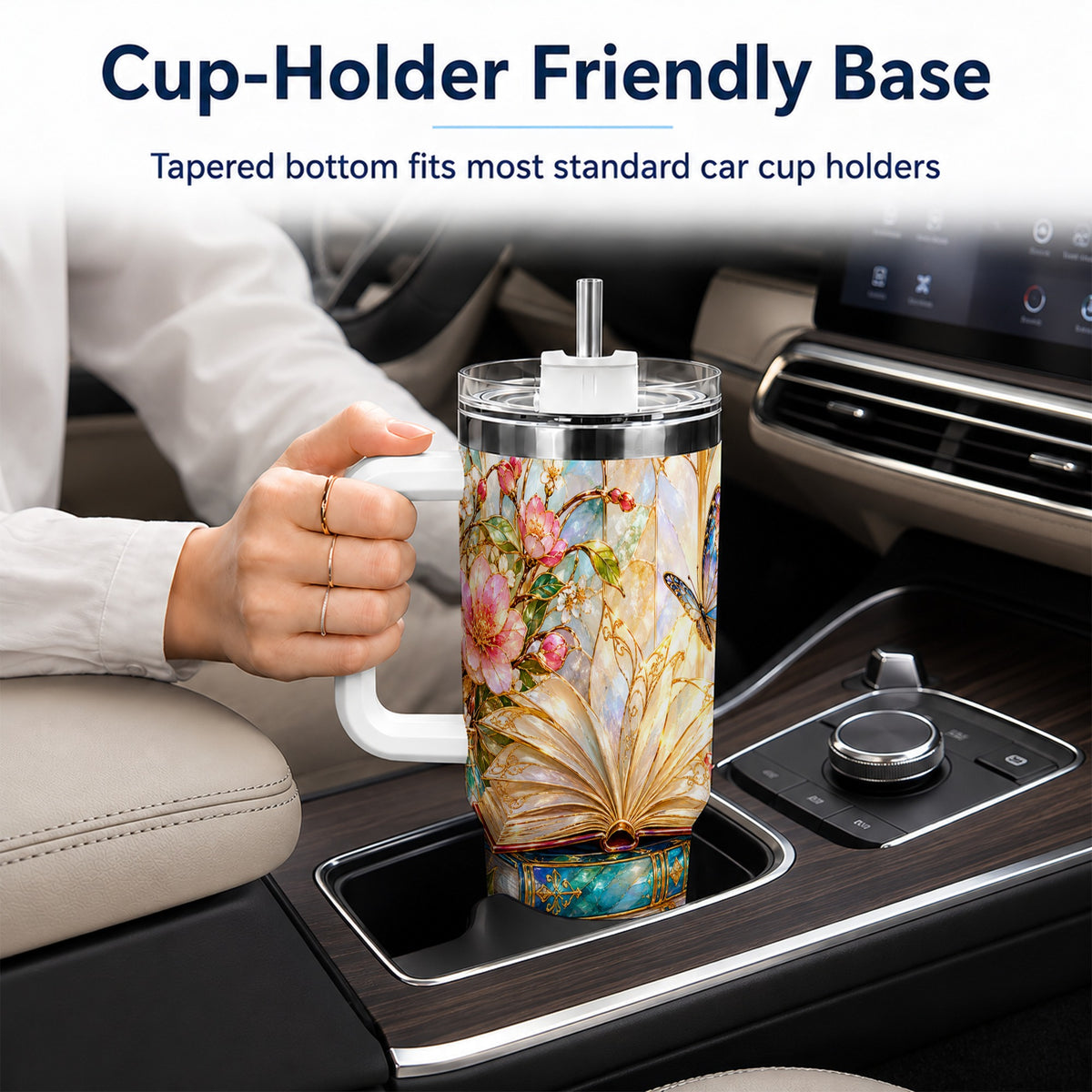 Floral Books 40oz Tumbler, Butterfly Theme Tumbler, Steel Travel Cup