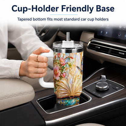 Floral Books 40oz Tumbler, Butterfly Theme Tumbler, Steel Travel Cup
