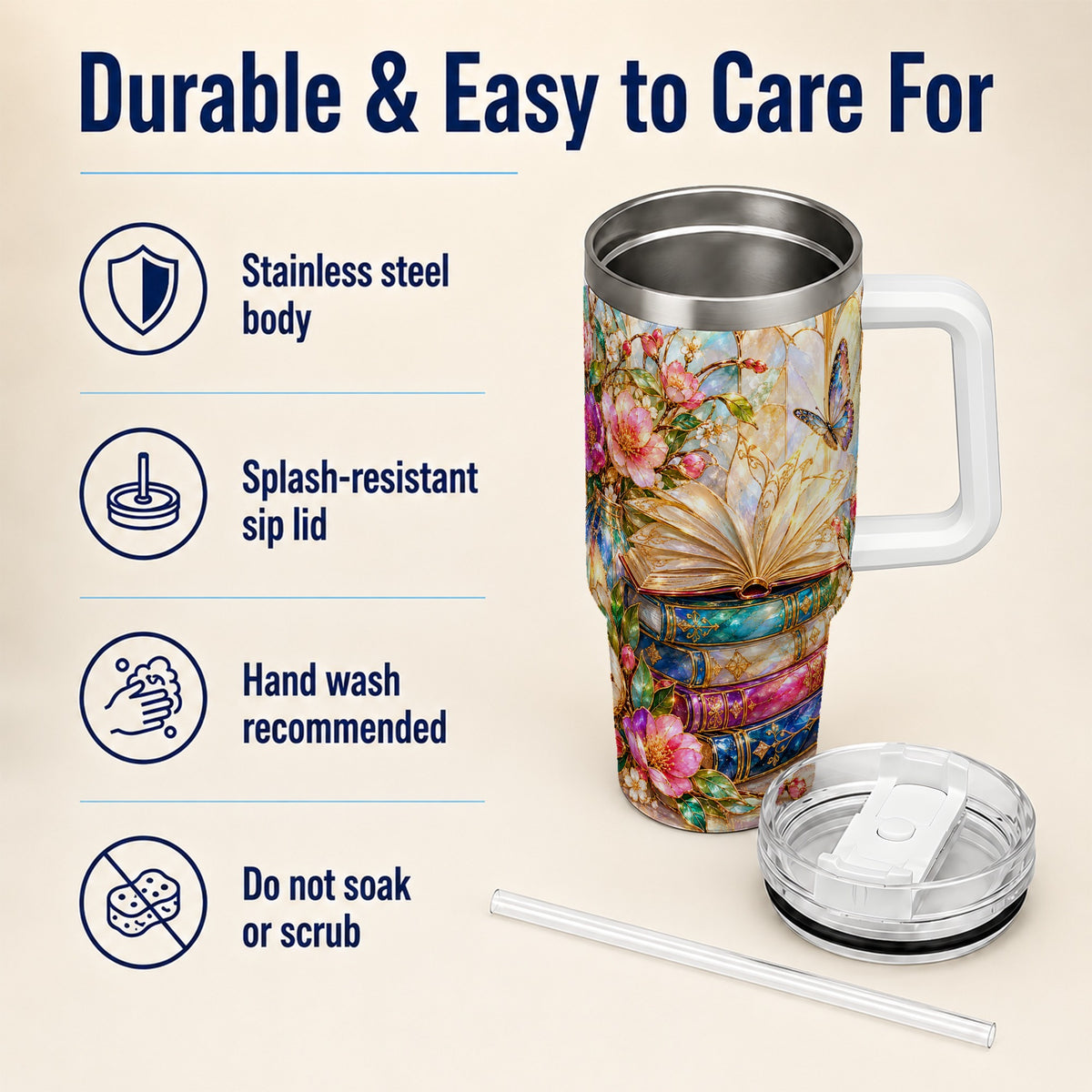 Floral Books 40oz Tumbler, Butterfly Theme Tumbler, Steel Travel Cup