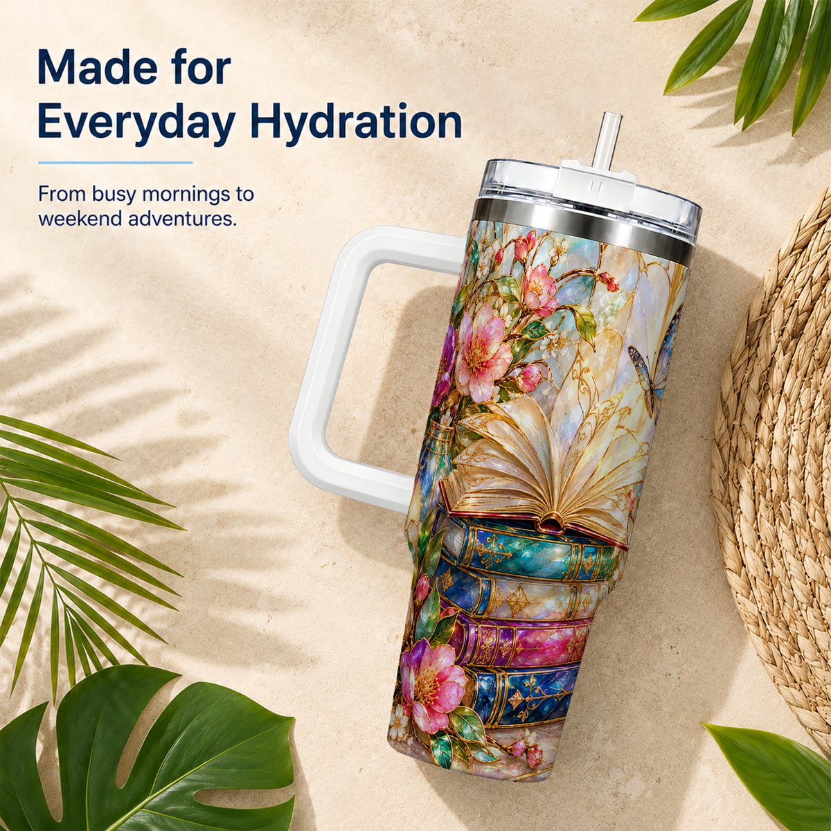 Floral Books 40oz Tumbler, Butterfly Theme Tumbler, Steel Travel Cup