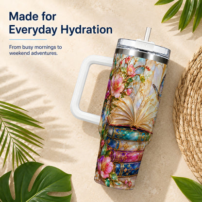 Floral Books 40oz Tumbler, Butterfly Theme Tumbler, Steel Travel Cup