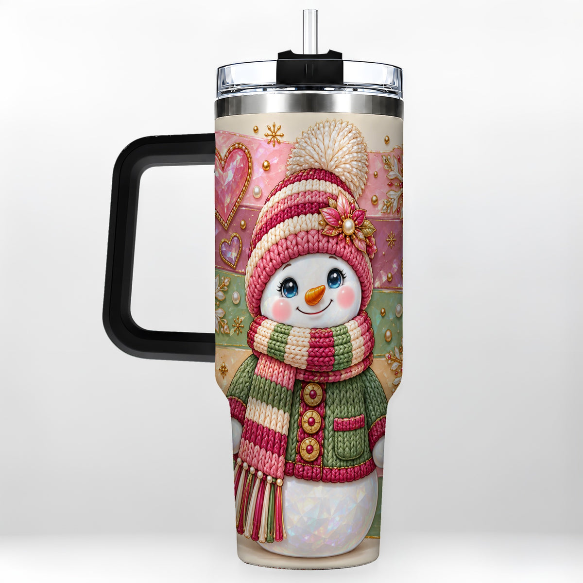 #pl[40oz|Black] Cozy Snowman 40oz Tumbler, Heart Snowflake Tumbler, Steel Travel Cup