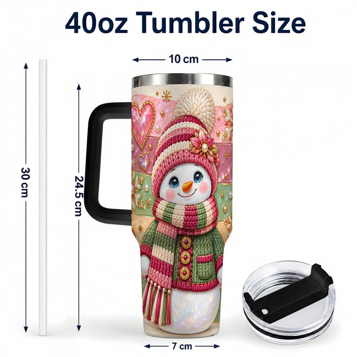 #pl[40oz|Black] Cozy Snowman 40oz Tumbler, Heart Snowflake Tumbler, Steel Travel Cup